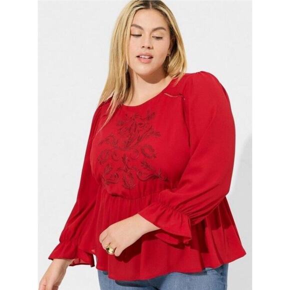 Torrid Peplum Georgette Embroidered Long Sleeve Blouse Plus Size 2X Red - Picture 8 of 10